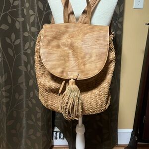 Tan Woven Pleather Backpack